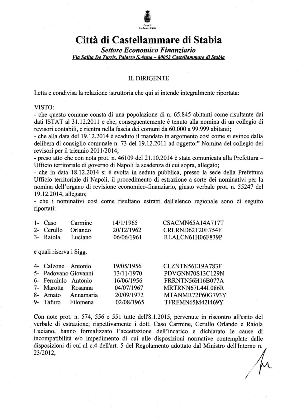 845 abitanti come risultante dai dati ISTAT al 31.12.2011 e che, conseguentemente è tenuto alla nomina di un collegio di revisori contabili, e rientra nella fascia dei comuni da 60.000 a 99.