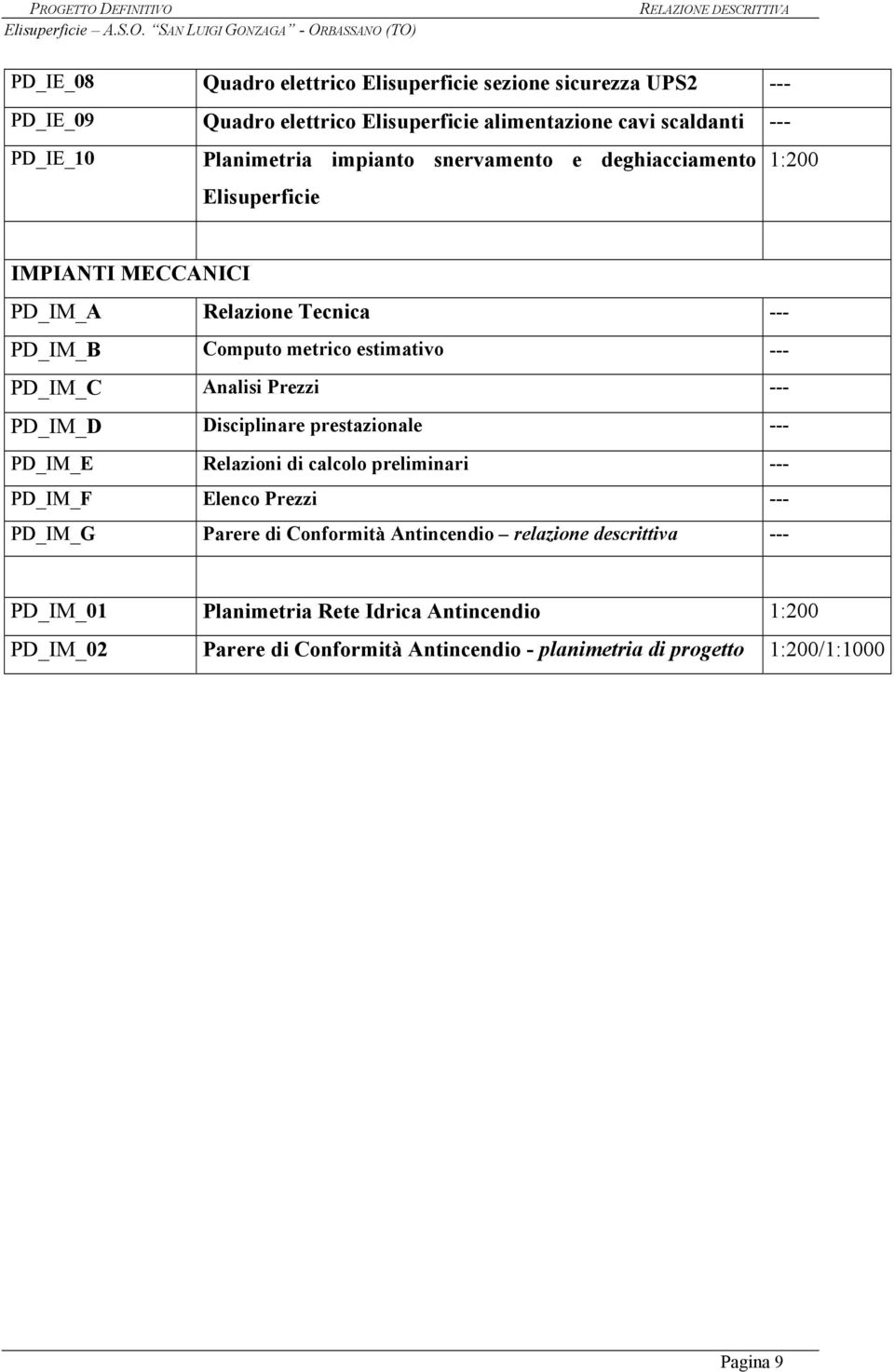 Prezzi --- PD_IM_D Disciplinare prestazionale --- PD_IM_E Relazioni di calcolo preliminari --- PD_IM_F Elenco Prezzi --- PD_IM_G Parere di Conformità Antincendio