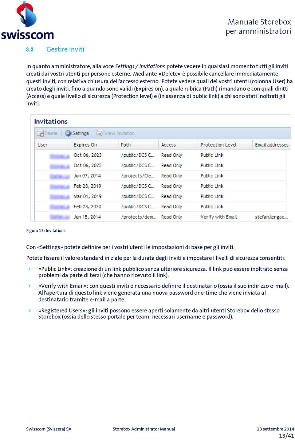 Potete vedere quali dei vostri utenti (colonna User) ha creato degli inviti, fino a quando sono validi (Expires on), a quale rubrica (Path) rimandano e con quali diritti (Access) e quale livello di