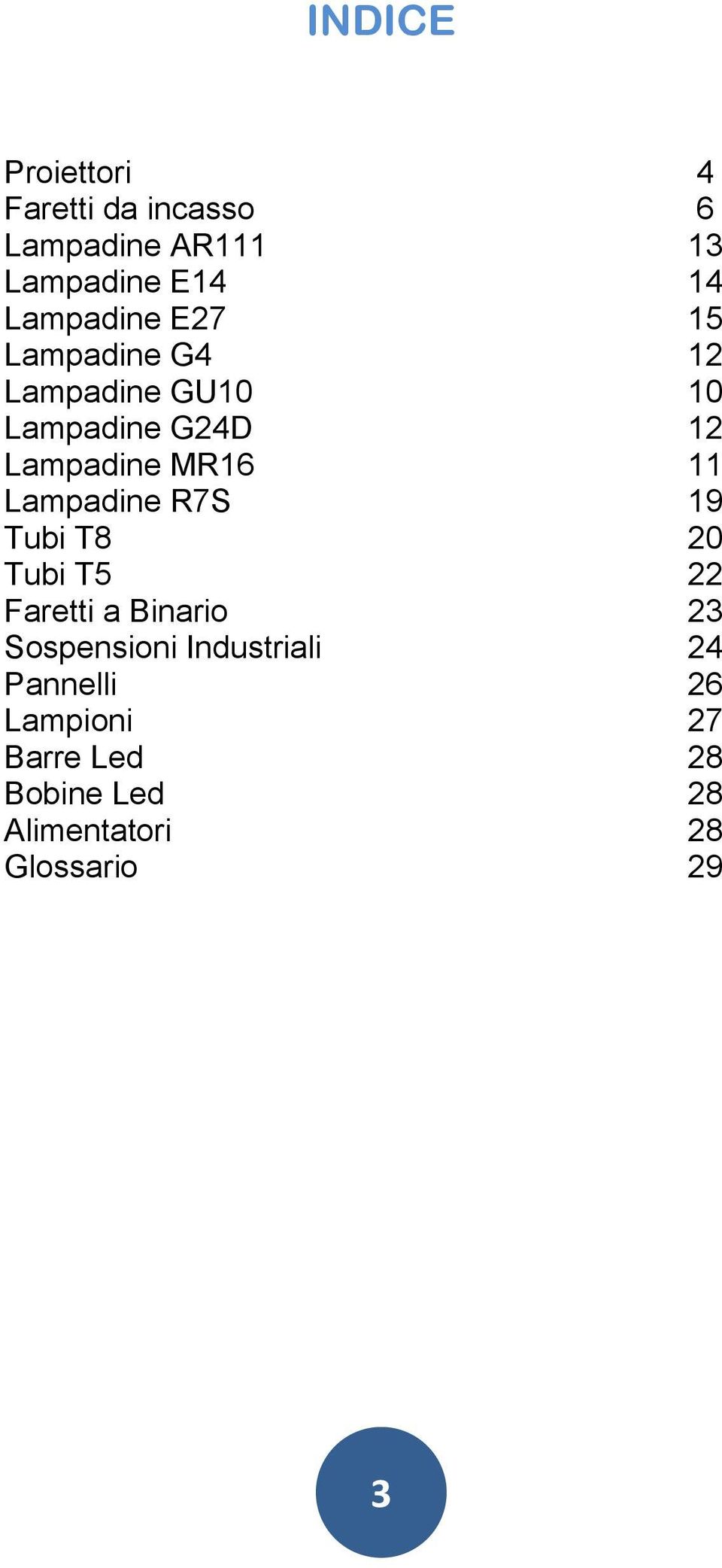 MR16 11 Lampadine R7S 19 Tubi T8 20 Tubi T5 22 Faretti a Binario 23 Sospensioni