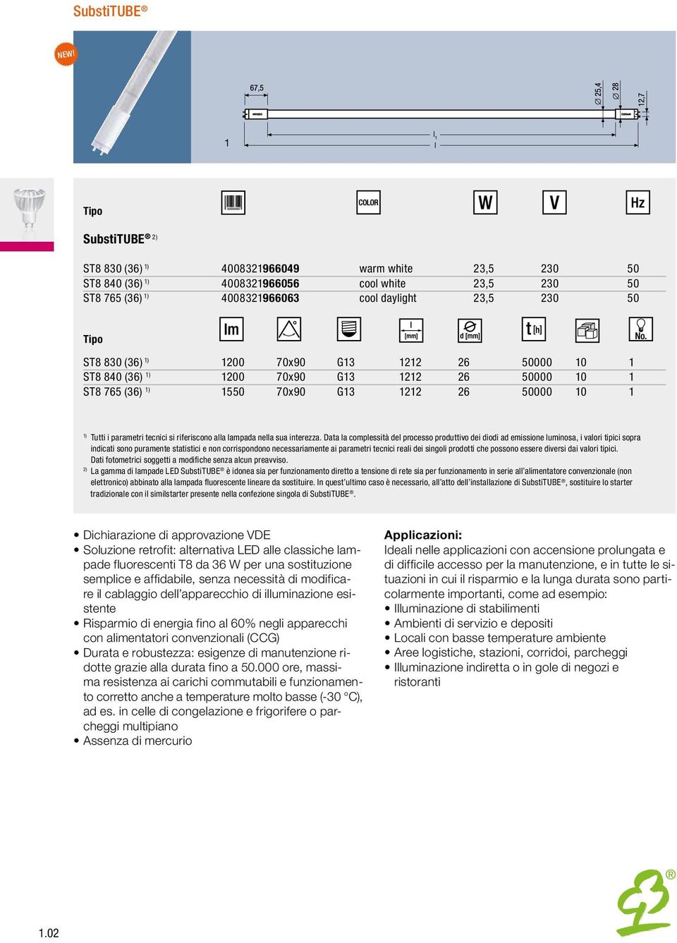 G13 1212 26 50000 10 1 ST8 840 (36) 1200 70x90 G13 1212 26 50000 10 1 ST8 765 (36) 1550 70x90 G13 1212 26 50000 10 1 2) La gamma di lampade LED SubstiTUBE è idonea sia per funzionamento diretto a sia