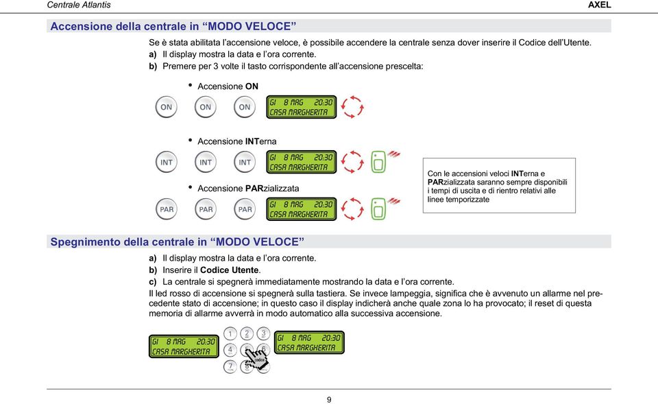 b) Premere per 3 volte il tasto corrispondente all accensione prescelta: Accensione ON Accensione INTerna Accensione PARzializzata Con le accensioni veloci INTerna e PARzializzata saranno sempre