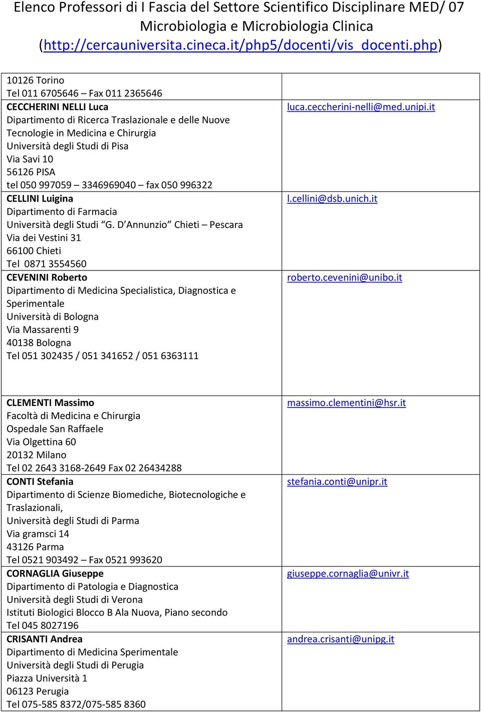 D Annunzio Chieti Pescara Via dei Vestini 31 66100 Chieti Tel 08713554560 CEVENINI Roberto Dipartimento di Medicina Specialistica, Diagnostica e Sperimentale Università di Bologna Via Massarenti 9