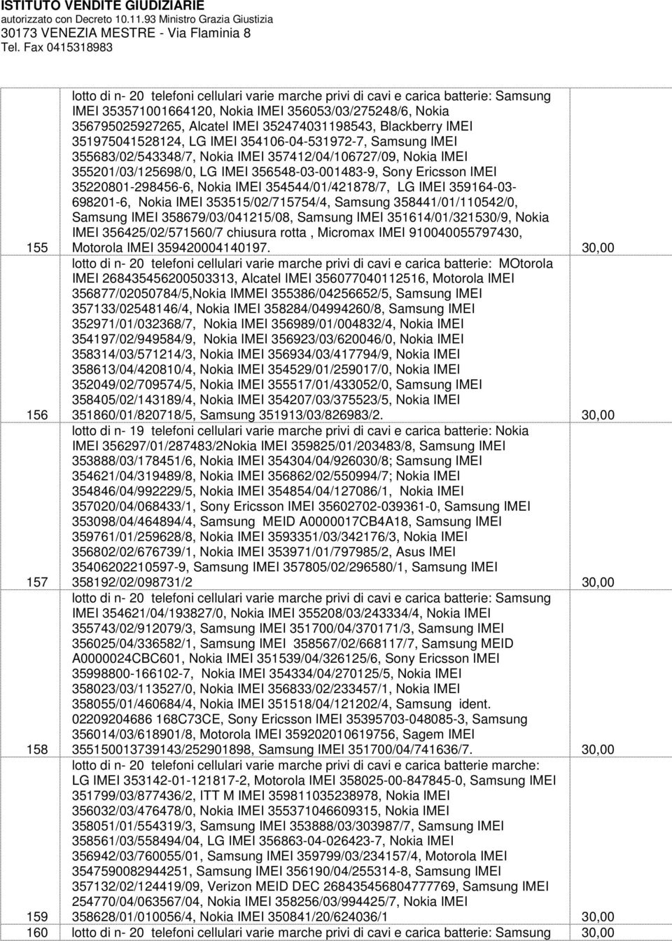 IMEI 35220801-298456-6, Nokia IMEI 354544/01/421878/7, LG IMEI 359164-03- 698201-6, Nokia IMEI 353515/02/715754/4, Samsung 358441/01/110542/0, Samsung IMEI 358679/03/041215/08, Samsung IMEI