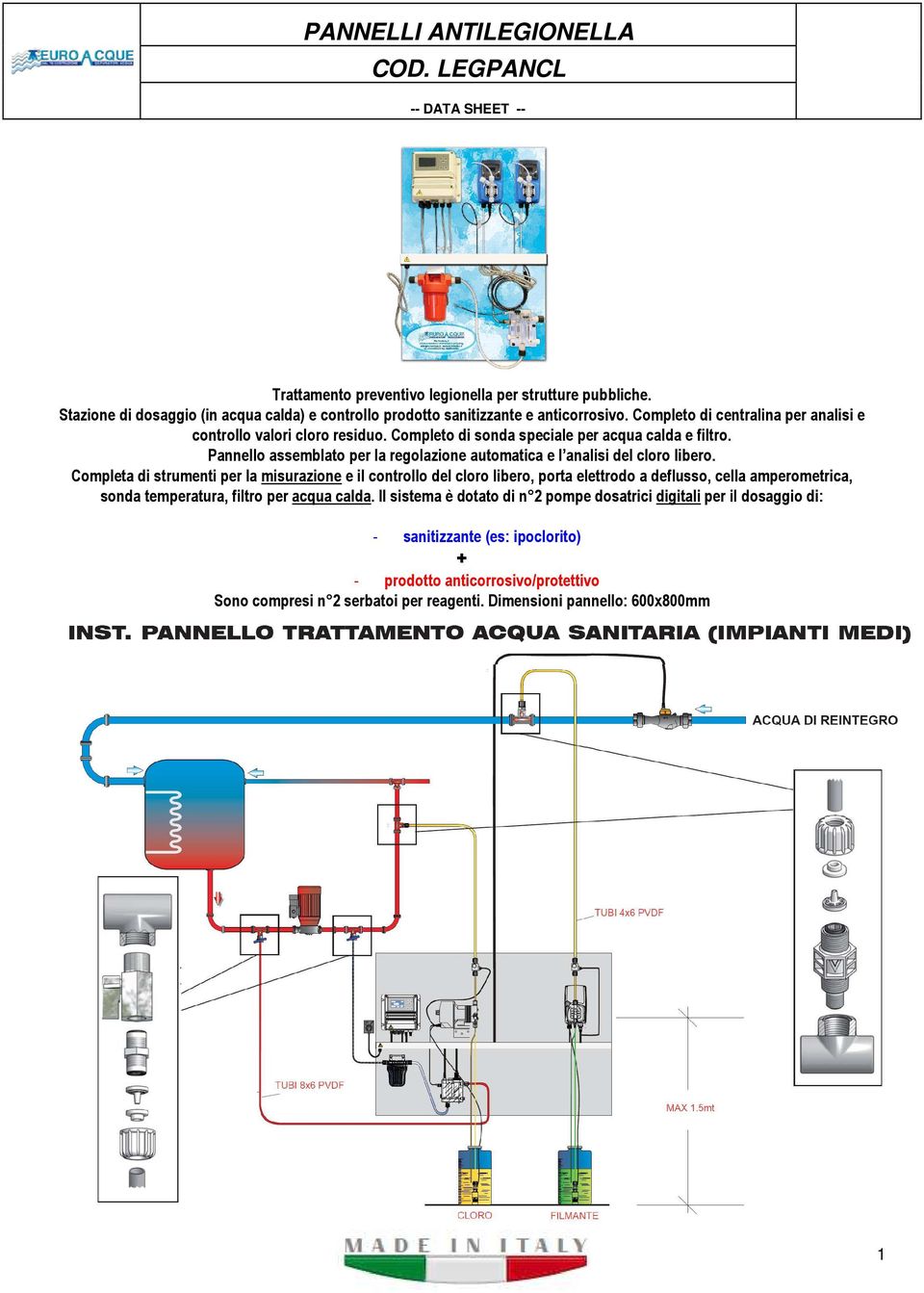 Completo di sonda speciale per acqua calda e filtro. Pannello assemblato per la regolazione automatica e l analisi del cloro libero.