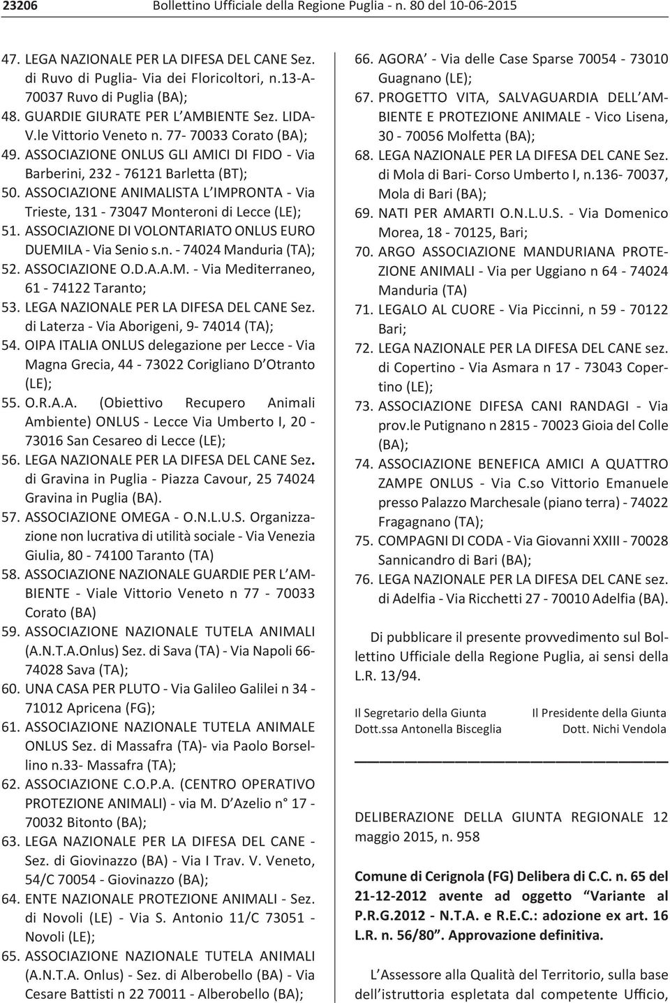 ASSOCIAZIONE DI VOLONTARIATO ONLUS EURO DUEMILA Via Senio s.n. 74024 Manduria 52. ASSOCIAZIONE O.D.A.A.M. Via Mediterraneo, 61 74122 Taranto; 53. LEGA NAZIONALE PER LA DIFESA DEL CANE Sez.