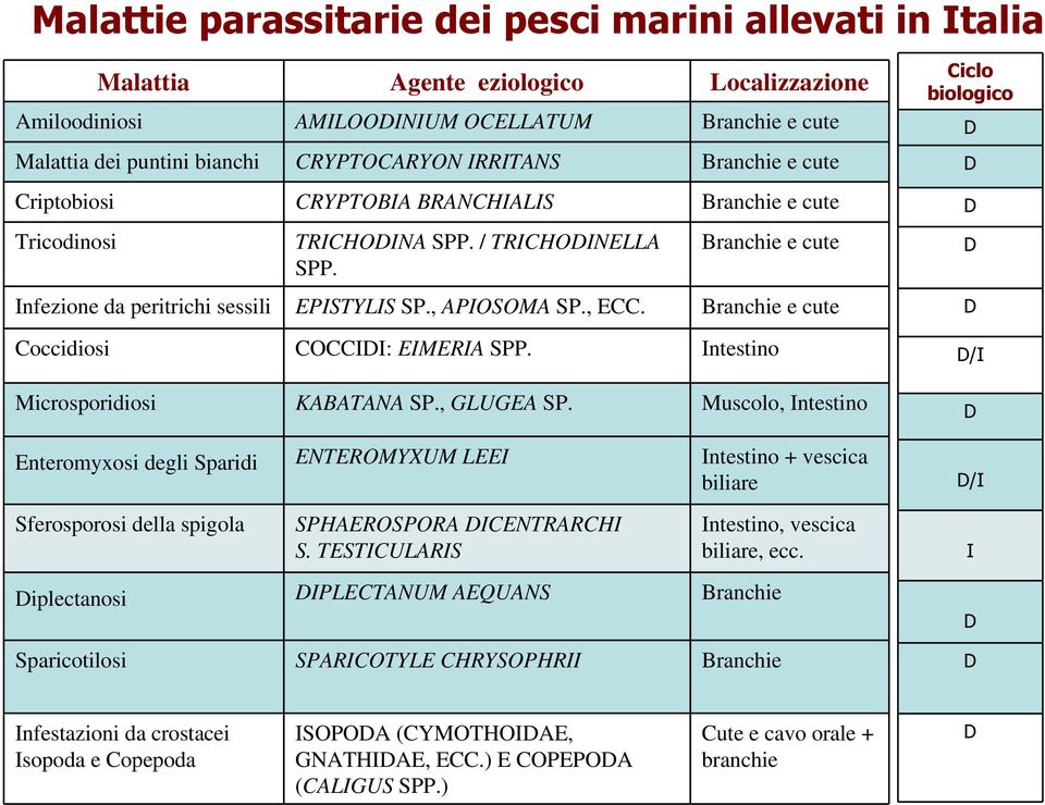 , ECC. Branchie e cute Coccidiosi COCCIDI: EIMERIA SPP. Intestino Microsporidiosi KABATANA SP., GLUGEA SP.