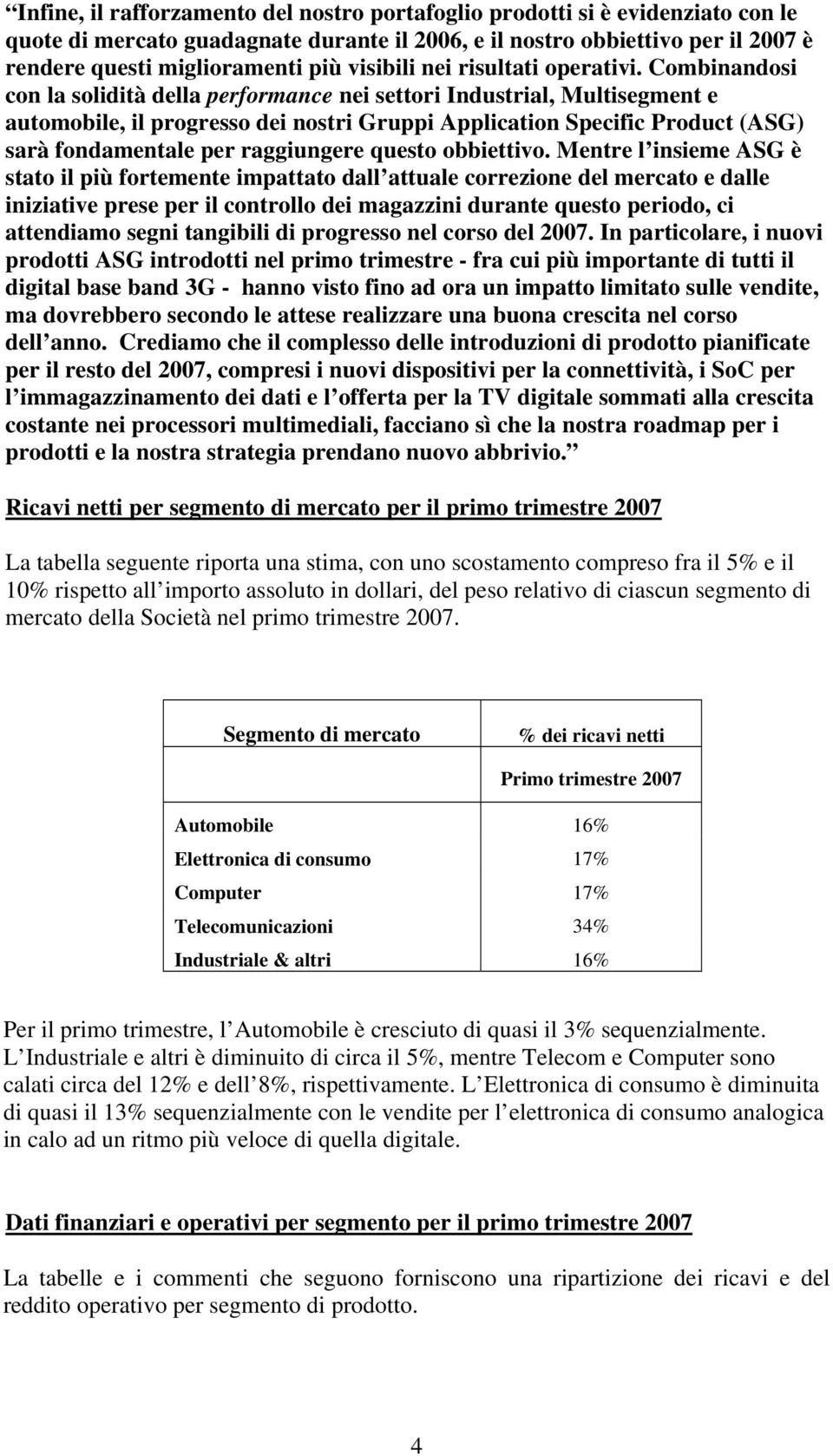 Combinandosi con la solidità della performance nei settori Industrial, Multisegment e automobile, il progresso dei nostri Gruppi Application Specific Product (ASG) sarà fondamentale per raggiungere