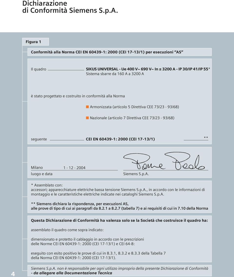 stato progettato e costruito in conformità alla Norma Armonizzata (articolo 5 Direttiva CEE 73/23-93/68) Nazionale (articolo 7 Direttiva CEE 73/23-93/68) seguente CEI EN 60439-1: 2000 (CEI 17-13/1)