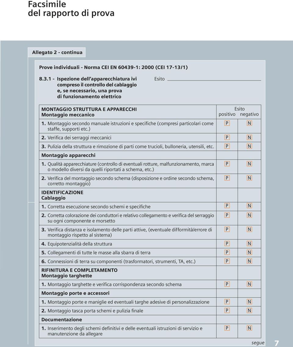 1) 8.3.1 - Ispezione dell apparecchiatura ivi compreso il controllo del cablaggio e, se necessario, una prova di funzionamento elettrico Esito MONTAGGIO STRUTTURA E APPARECCHI Montaggio meccanico 1.