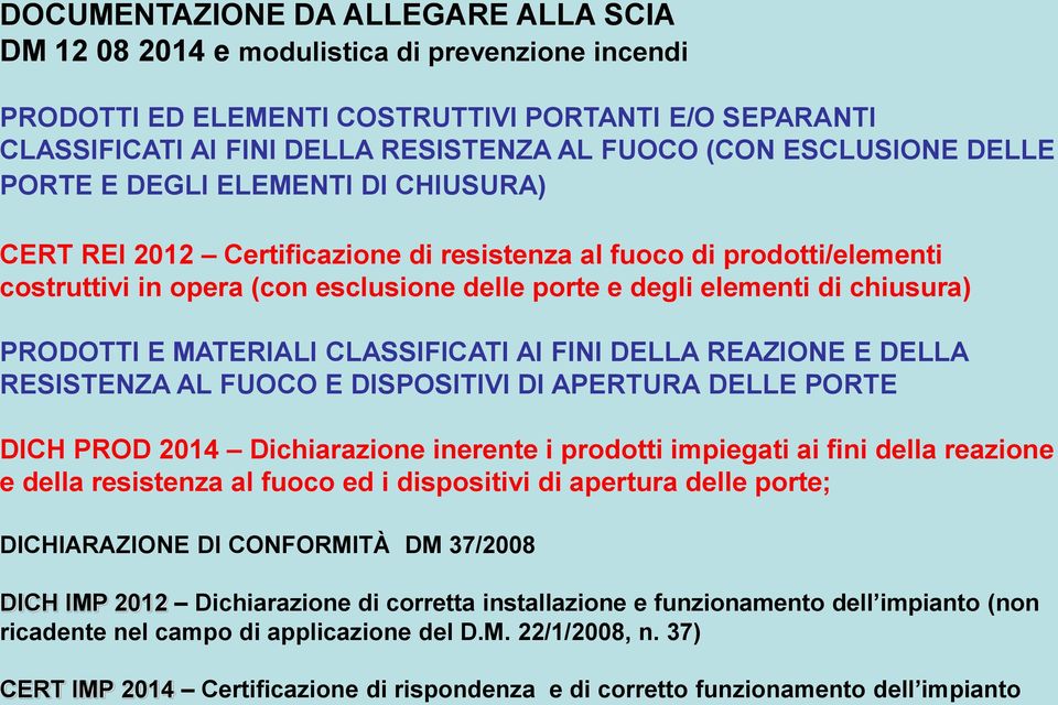 chiusura) PRODOTTI E MATERIALI CLASSIFICATI AI FINI DELLA REAZIONE E DELLA RESISTENZA AL FUOCO E DISPOSITIVI DI APERTURA DELLE PORTE DICH PROD 2014 Dichiarazione inerente i prodotti impiegati ai fini