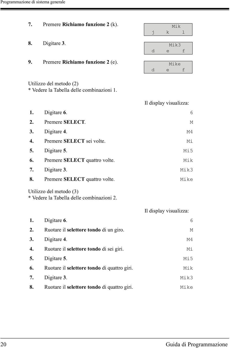 Digitare 6. 6 2. Premere SELECT. M 3. Digitare 4. M4 4. Premere SELECT sei volte. Mi 5. Digitare 5. Mi5 6. Premere SELECT quattro volte. Mik 7. Digitare 3. Mik3 8. Premere SELECT quattro volte. Mike Il display visualizza: 1.