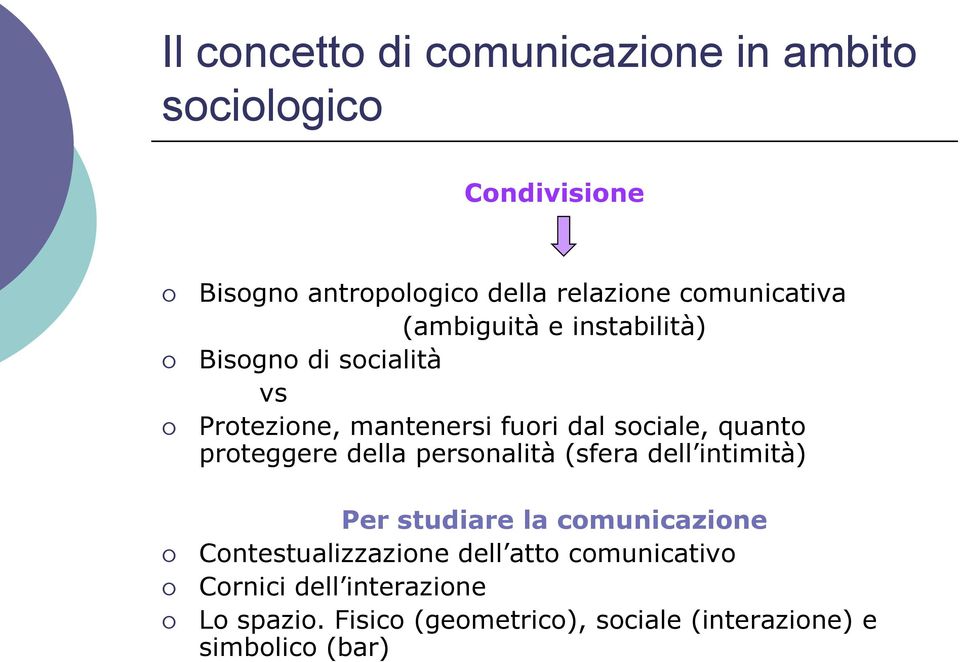 quanto proteggere della personalità (sfera dell intimità) Per studiare la comunicazione Contestualizzazione