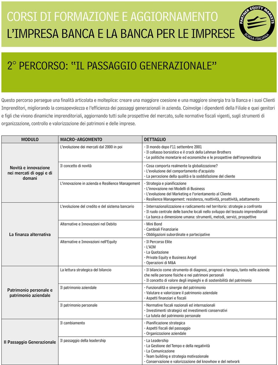 Coinvolge i dipendenti della Filiale e quei genitori e figli che vivono dinamiche imprenditoriali, aggiornando tutti sulle prospettive del mercato, sulle normative fiscali vigenti, sugli strumenti di