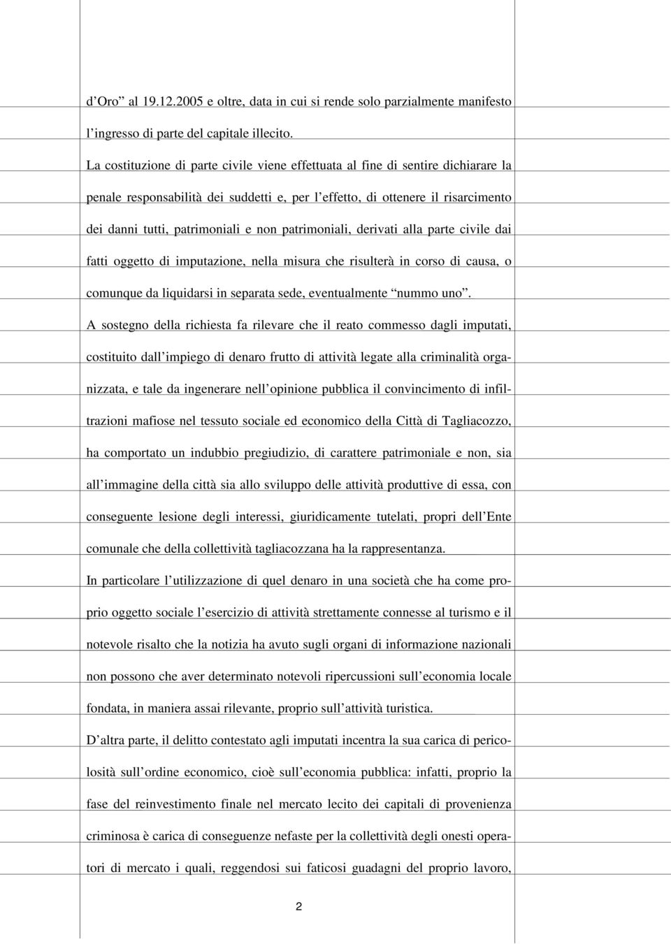 patrimoniali, derivati alla parte civile dai fatti oggetto di imputazione, nella misura che risulterà in corso di causa, o comunque da liquidarsi in separata sede, eventualmente nummo uno.