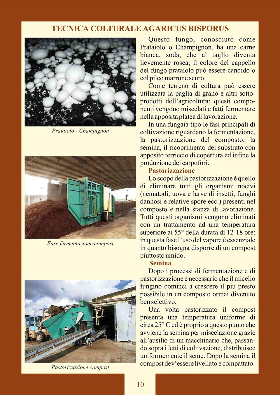 Come terreno di coltura può essere utilizzata la paglia di grano e altri sottoprodotti dell agricoltura; questi componenti vengono miscelati e fatti fermentare nella apposita platea di lavorazione.