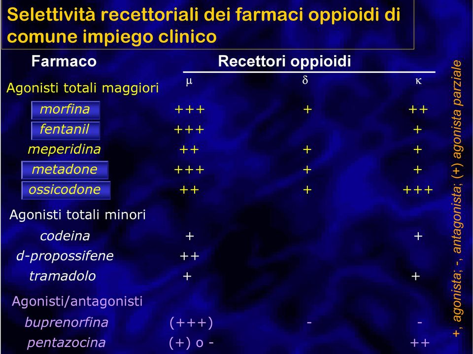 ossicodone ++ + +++ Agonisti totali minori codeina + + d-propossifene ++ tramadolo + +