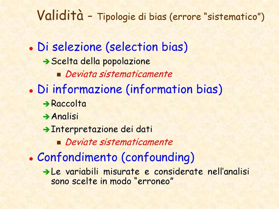 Raccolta Analisi Interpretazione dei dati Deviate sistematicamente Confondimento