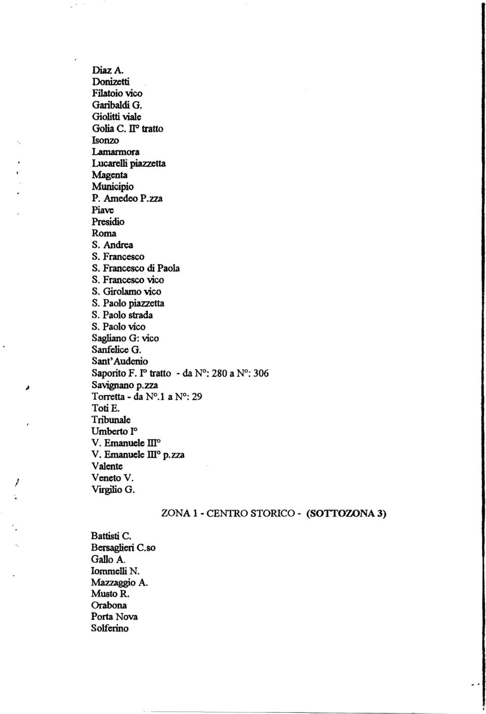 Girolamo vico S. Paolo piazzetta S. Paolo strada S. Paolo vico Sagliano G: vico Sanfelice G. Sant' Audenio Saporito F..F tratto - da~: 280 a N : 306 Savignano p.