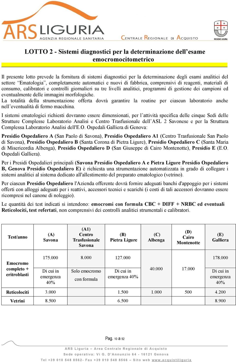 dei campioni ed eventualmente delle immagini morfologiche. La totalità della strumentazione offerta dovrà garantire la routine per ciascun laboratorio anche nell eventualità di fermo macchina.