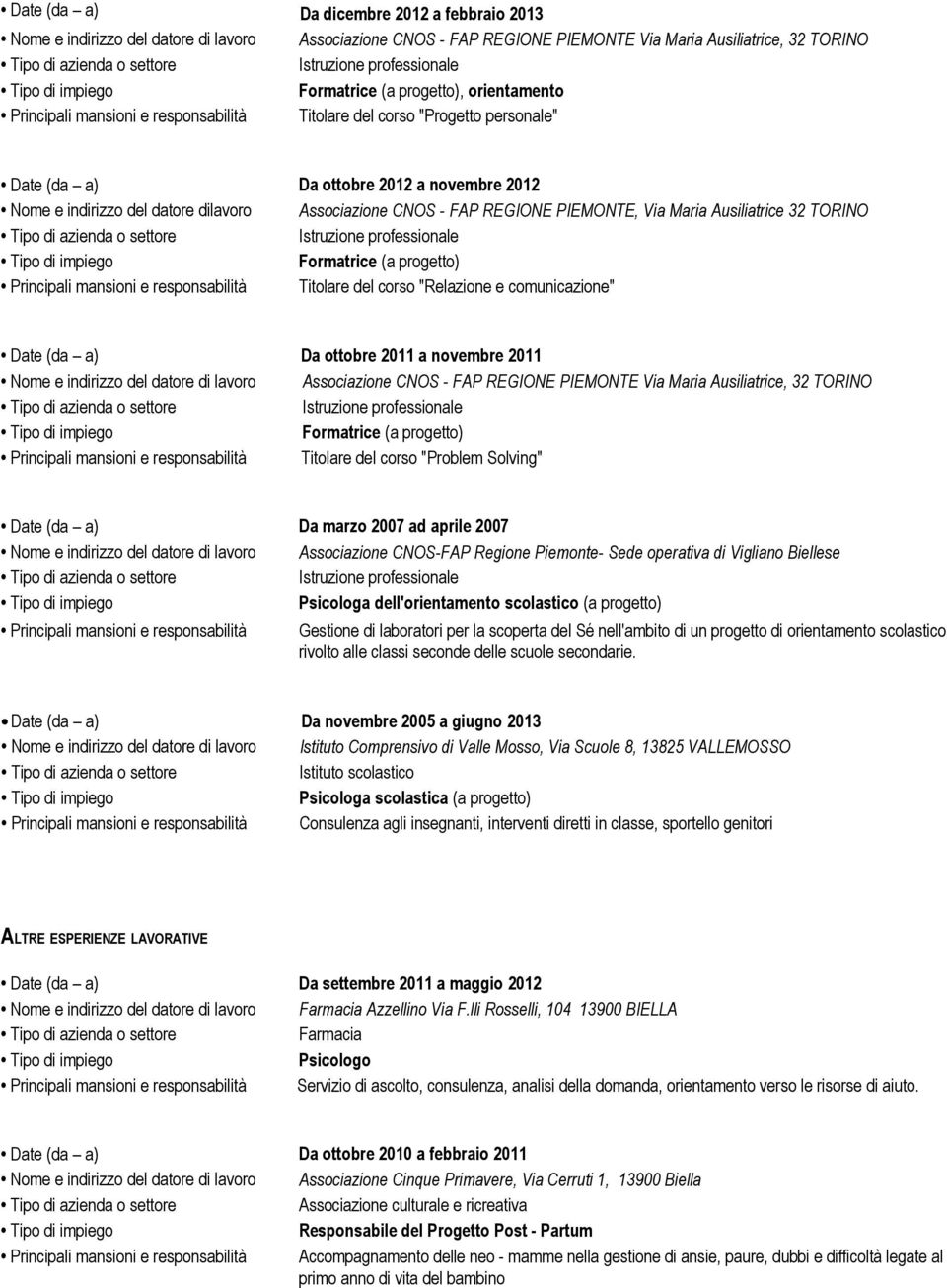 Ausiliatrice 32 TORINO Principali mansioni e responsabilità Titolare del corso "Relazione e comunicazione" Date (da a) Da ottobre 2011 a novembre 2011 Nome e indirizzo del datore di lavoro