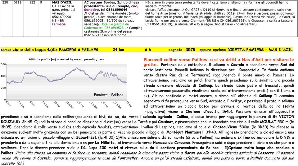 / Camping castagnés 2km prima del paese 0561697137 avvisare prima. NB: siamo in piena terra protestante dove il catarismo cristiano, la riforma e gli ugonotti hanno lasciato impronte.