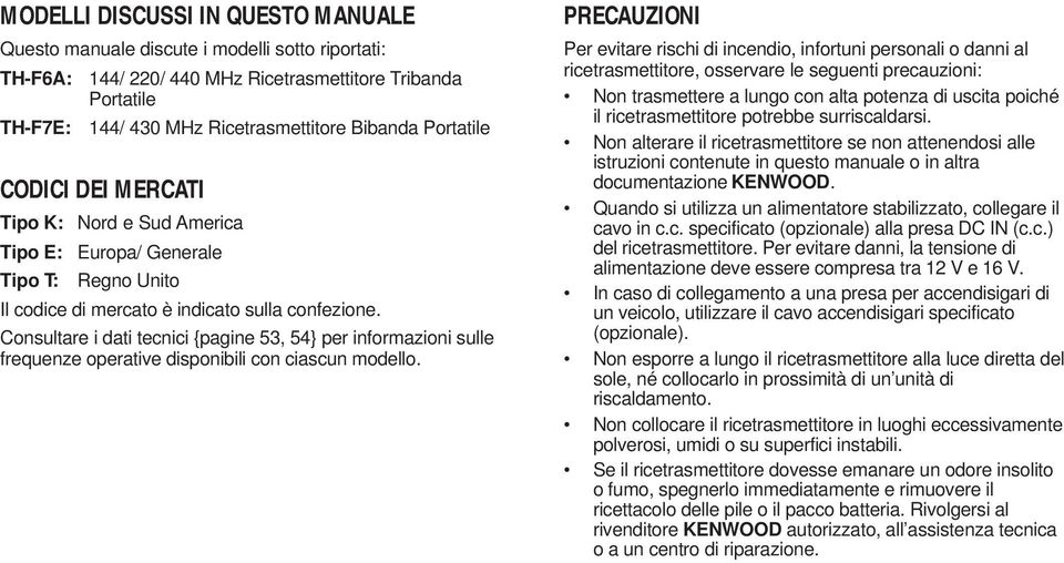 Consultare i dati tecnici {pagine 53, 54} per informazioni sulle frequenze operative disponibili con ciascun modello.