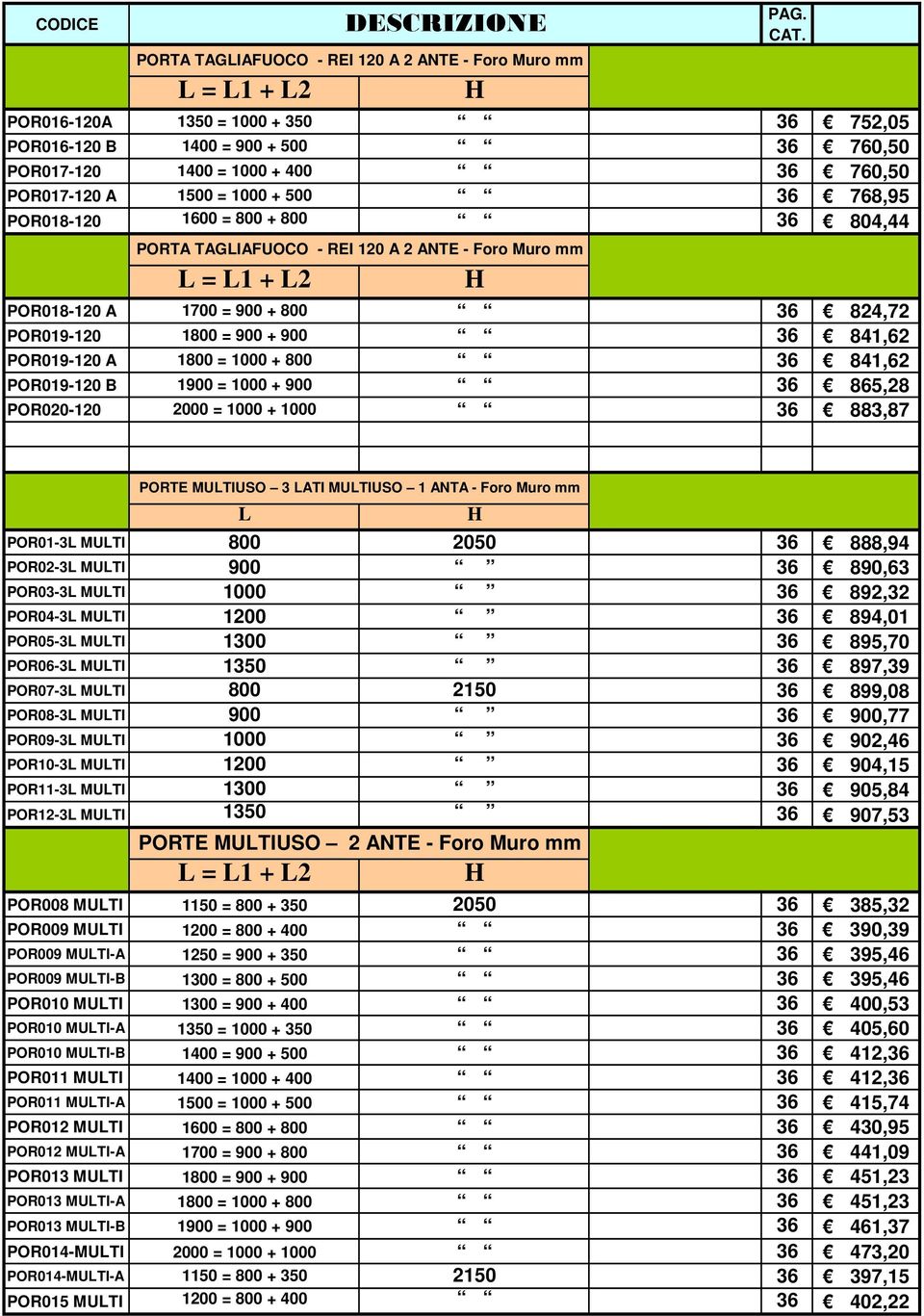 841,62 POR019-120 A 1800 = 1000 + 800 36 841,62 POR019-120 B 1900 = 1000 + 900 36 865,28 POR020-120 2000 = 1000 + 1000 36 883,87 PORTE MULTIUSO 3 LATI MULTIUSO 1 ANTA - Foro Muro mm L POR01-3L MULTI