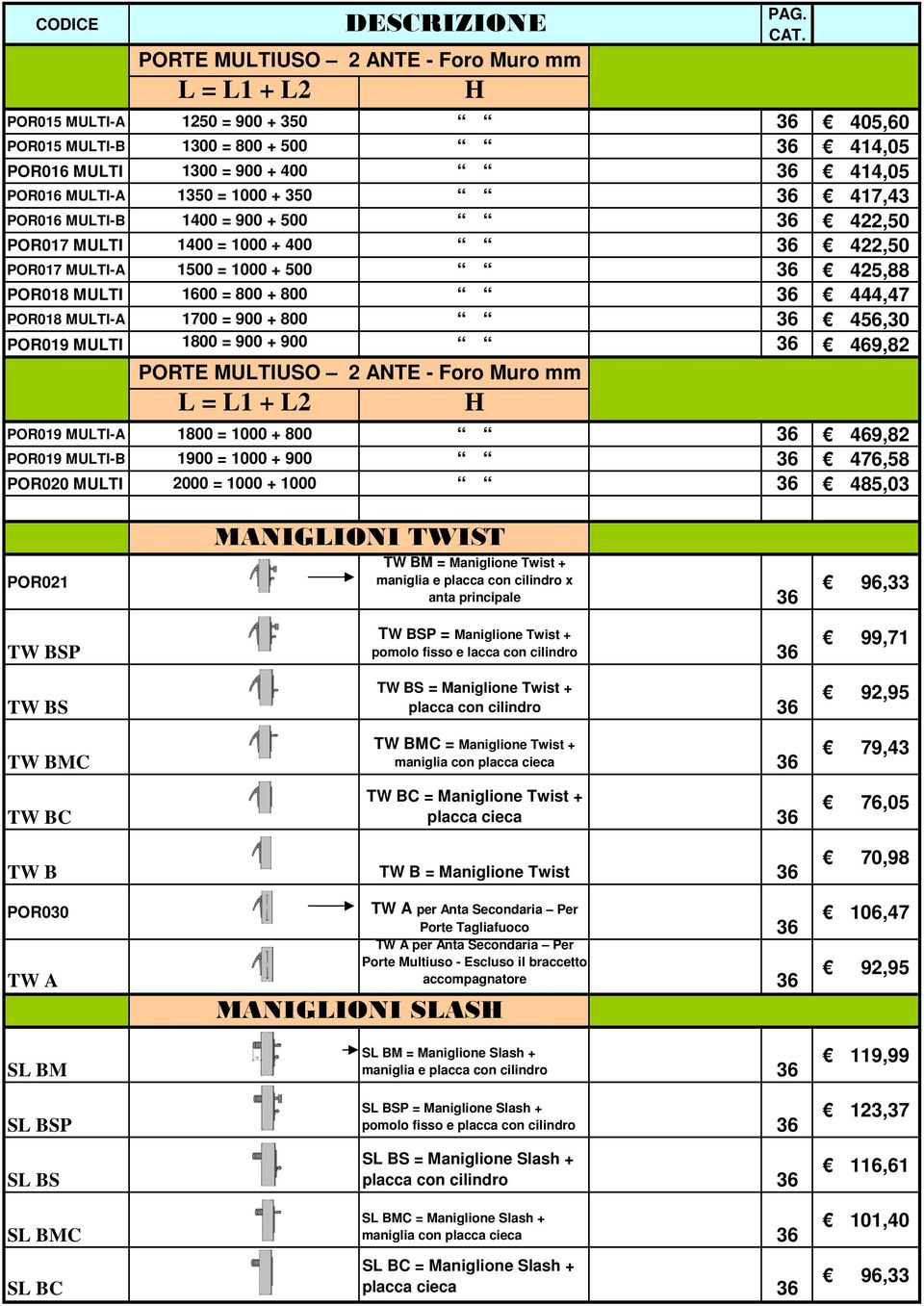 MULTI 1800 = 900 + 900 36 469,82 PORTE MULTIUSO 2 ANTE - Foro Muro mm L = L1 + L2 PORTE MULTIUSO 2 ANTE - Foro Muro mm POR019 MULTI-A 1800 = 1000 + 800 36 469,82 POR019 MULTI-B 1900 = 1000 + 900 36