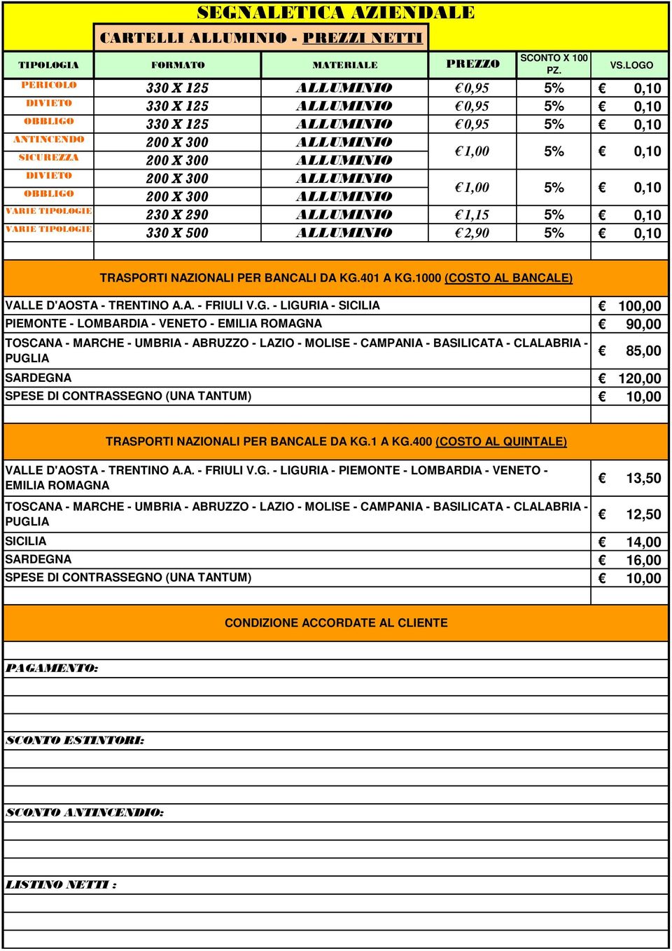 OBBLIGO 200 X 300 200 X 300 ALLUMINIO ALLUMINIO 1,00 1,00 5% 5% 0,10 0,10 230 X 290 ALLUMINIO 1,15 5% 0,10 330 X 500 ALLUMINIO 2,90 5% 0,10 VARIE TIPOLOGIE VARIE TIPOLOGIE CARTELLI ALLUMINIO - PREZZI