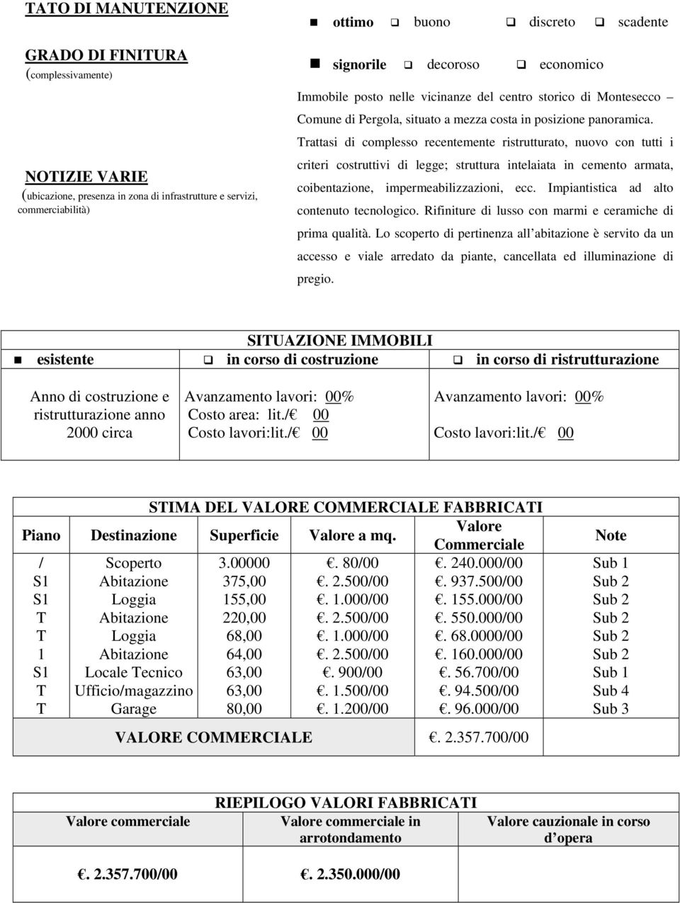 Trattasi di complesso recentemente ristrutturato, nuovo con tutti i criteri costruttivi di legge; struttura intelaiata in cemento armata, coibentazione, impermeabilizzazioni, ecc.