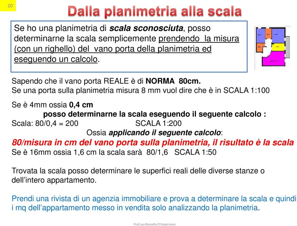 Se una porta sulla planimetria misura 8 mm vuol dire che è in SCALA 1:100 Se è 4mm ossia 0,4 cm posso determinarne la scala eseguendo il seguente calcolo : Scala: 80/0,4 = 200 SCALA 1:200 Ossia