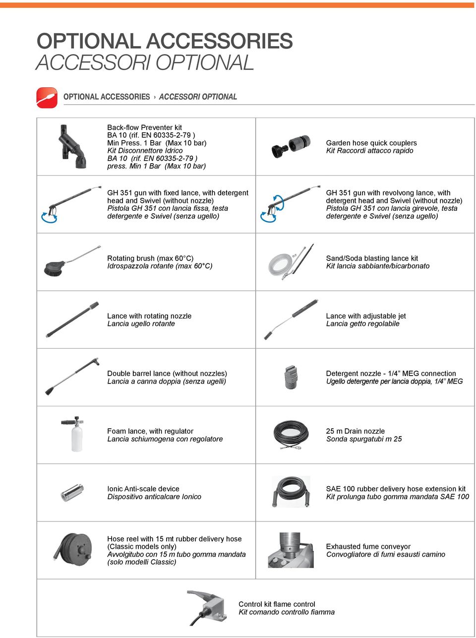 Min 1 Bar (Max 10 bar) Garden hose quick couplers Kit Raccordi attacco rapido GH 351 gun with fixed lance, with detergent head and Swivel (without nozzle) Pistola GH 351 con lancia fissa, testa