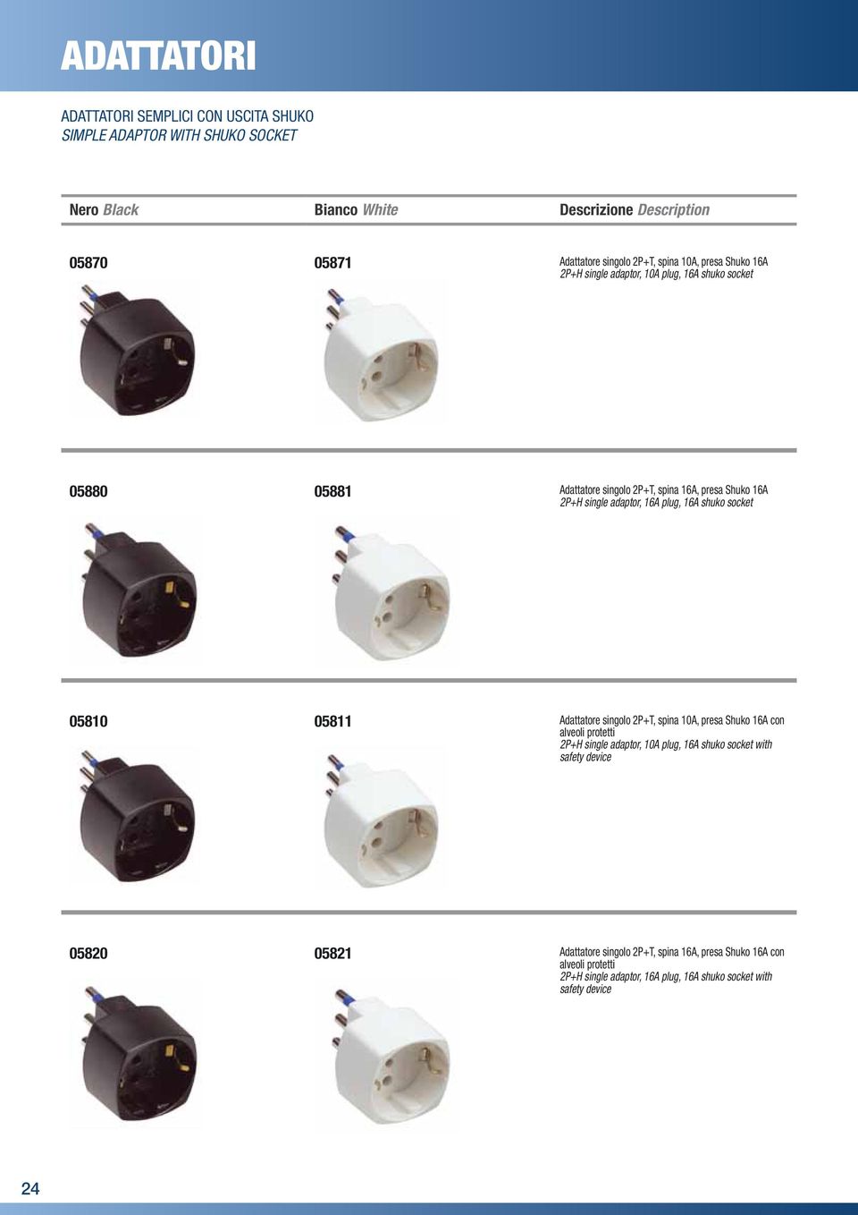 socket 05810 05811 Adattatore singolo 2P+T, spina 10A, presa Shuko 16A con alveoli protetti 2P+H single adaptor, 10A plug, 16A shuko socket with safety