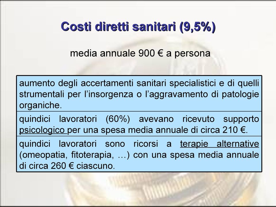 quindici lavoratori (60%) avevano ricevuto supporto psicologico per una spesa media annuale di circa 210.