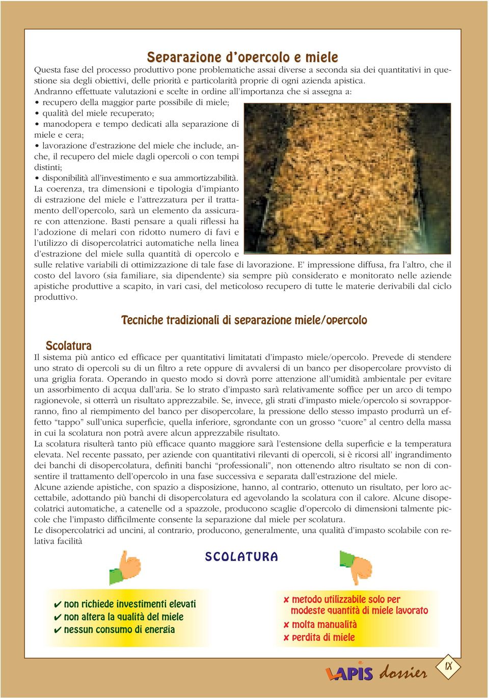 Andranno effettuate valutazioni e scelte in ordine all importanza che si assegna a: recupero della maggior parte possibile di miele; qualità del miele recuperato; manodopera e tempo dedicati alla