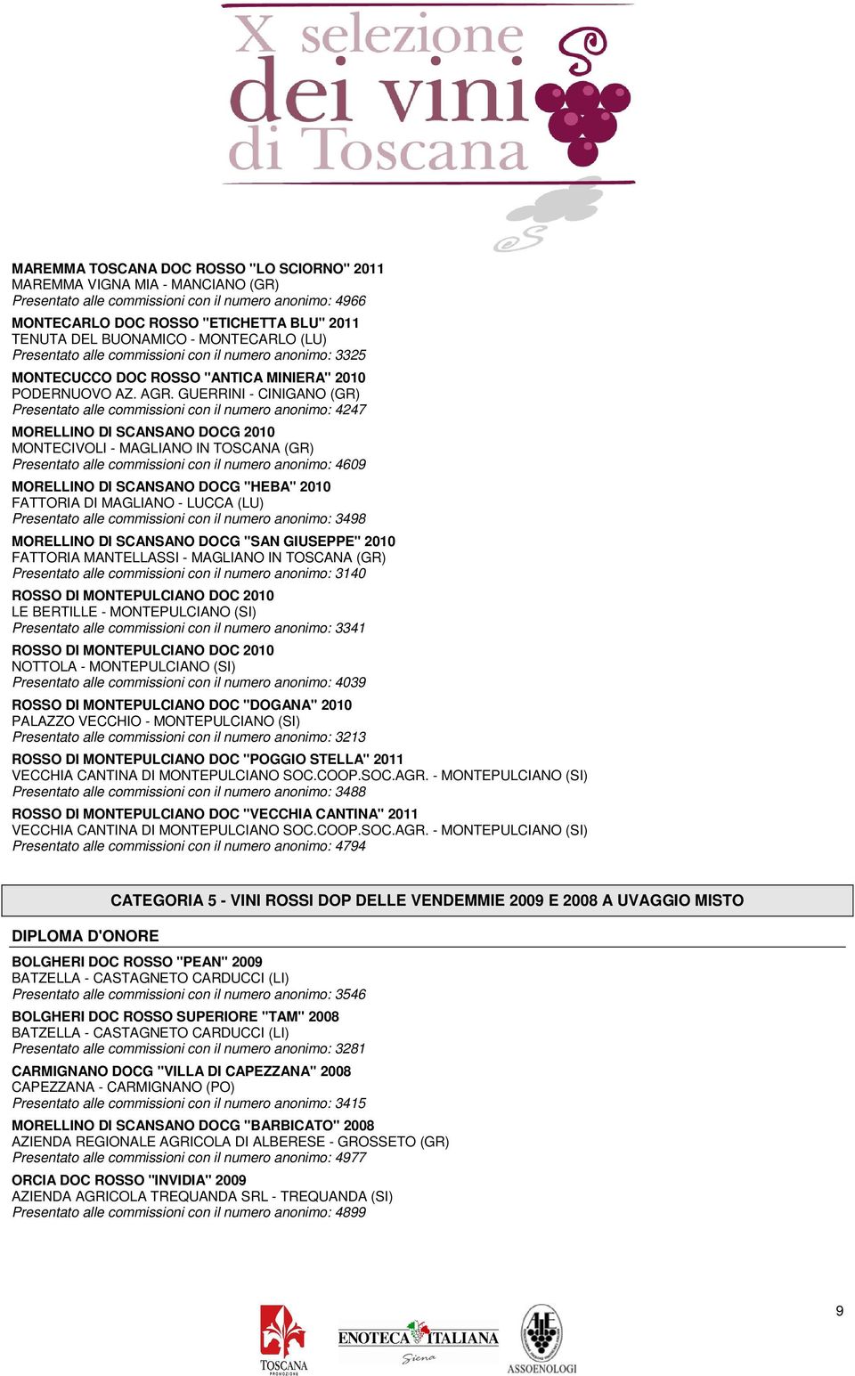 GUERRINI - CINIGANO (GR) Presentato alle commissioni con il numero anonimo: 4247 MORELLINO DI SCANSANO DOCG 2010 MONTECIVOLI - MAGLIANO IN TOSCANA (GR) Presentato alle commissioni con il numero