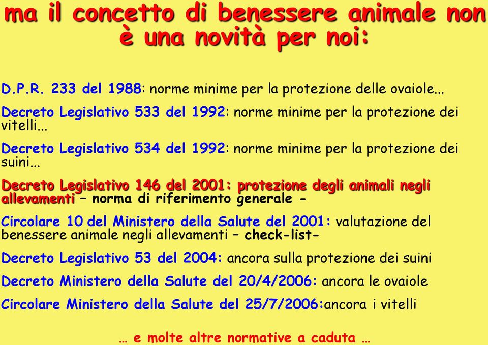 .. Decreto Legislativo 146 del 2001: protezione degli animali negli allevamenti norma di riferimento generale - Circolare 10 del Ministero della Salute del 2001: valutazione del