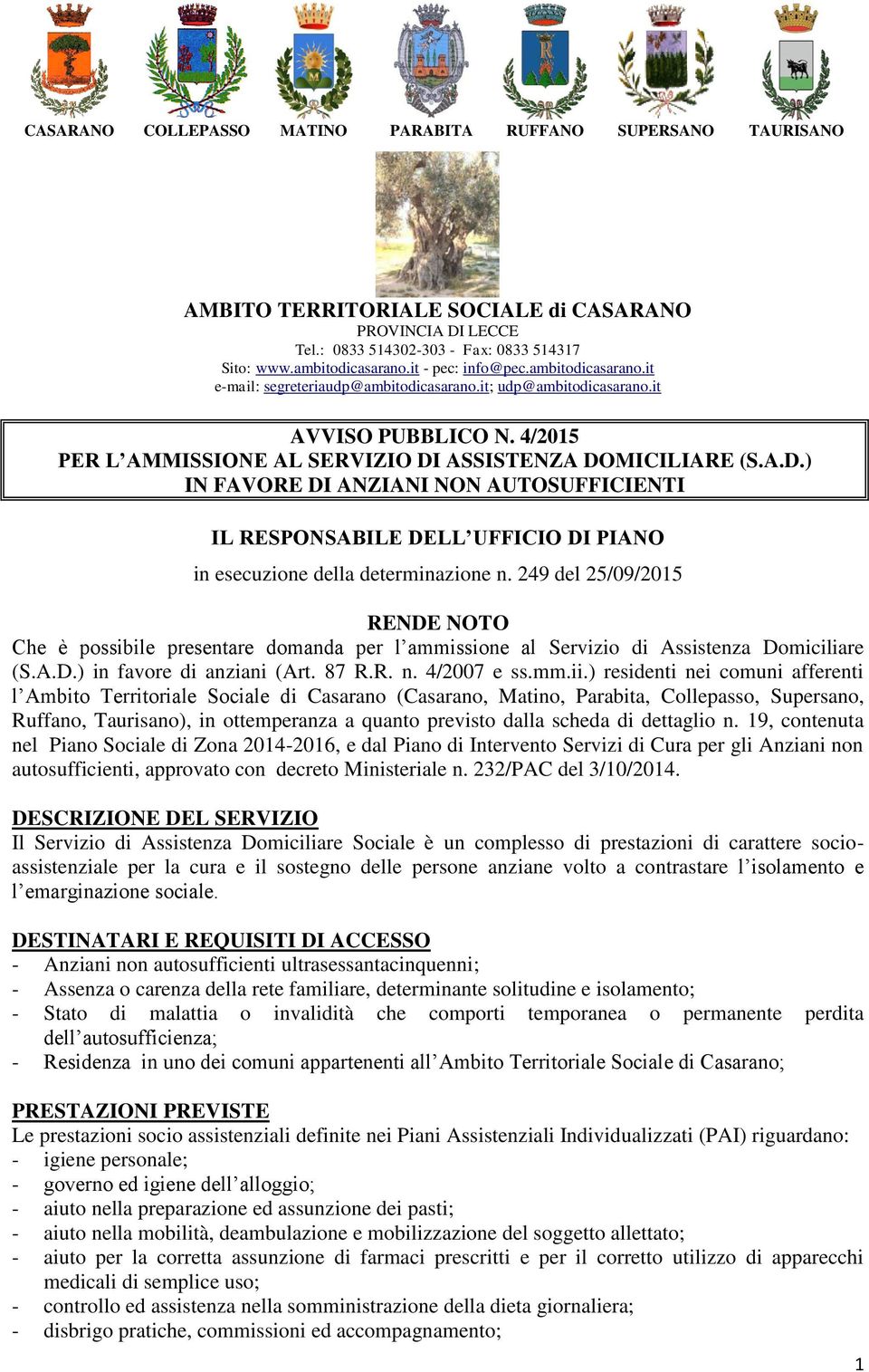 ASSISTENZA DOMICILIARE (S.A.D.) IN FAVORE DI ANZIANI NON AUTOSUFFICIENTI IL RESPONSABILE DELL UFFICIO DI PIANO in esecuzione della determinazione n.