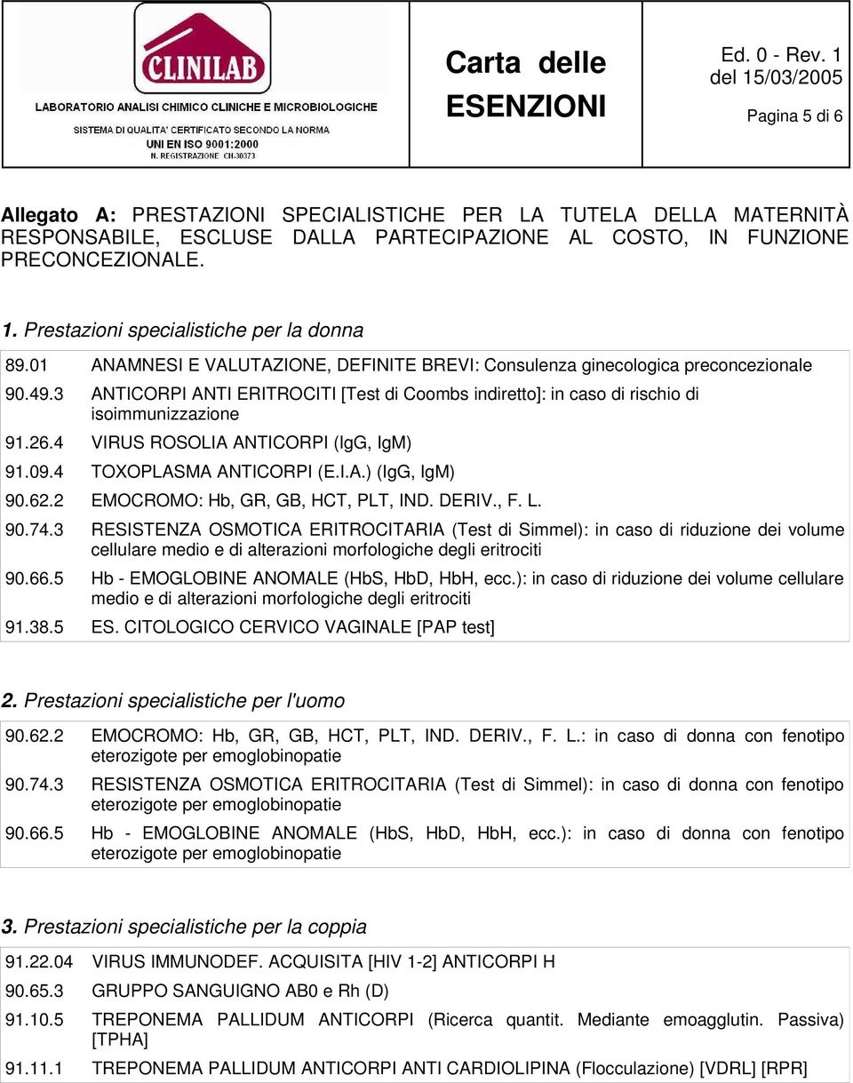 3 ANTICORPI ANTI ERITROCITI [Test di Coombs indiretto]: in caso di rischio di isoimmunizzazione 91.26.4 VIRUS ROSOLIA ANTICORPI (IgG, IgM) 91.09.4 TOXOPLASMA ANTICORPI (E.I.A.) (IgG, IgM) 90.62.