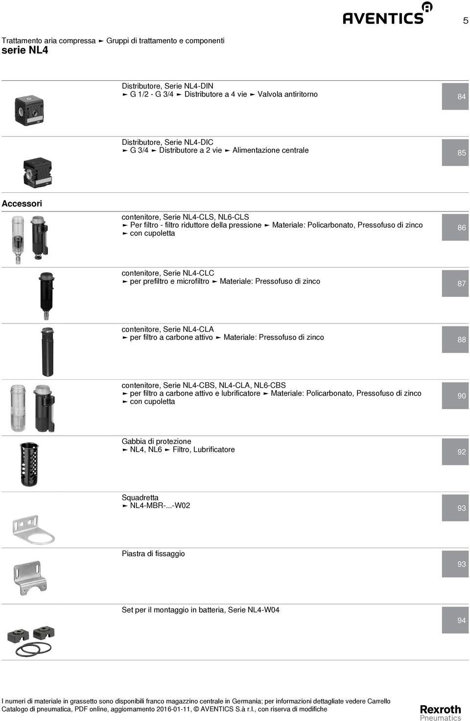 microfiltro Materiale: 87 contenitore, Serie NL4-CLA per filtro a carbone attivo Materiale: 88 contenitore, Serie NL4-CBS, NL4-CLA, NL6-CBS per filtro a carbone attivo e lubrificatore