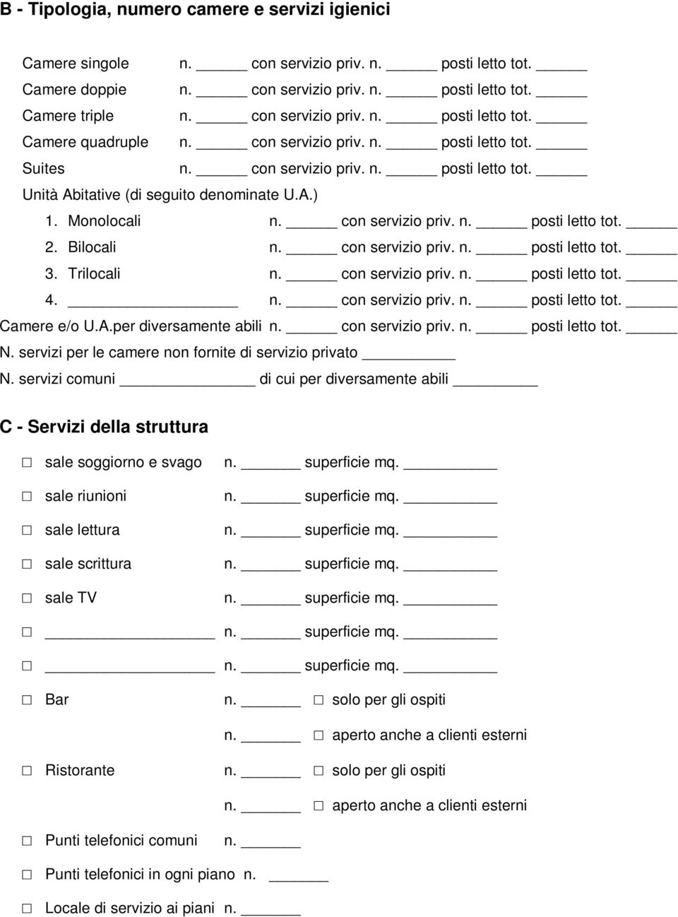 Bilocali n. con servizio priv. n. posti letto tot. 3. Trilocali n. con servizio priv. n. posti letto tot. 4. n. con servizio priv. n. posti letto tot. Camere e/o U.A.per diversamente abili n.