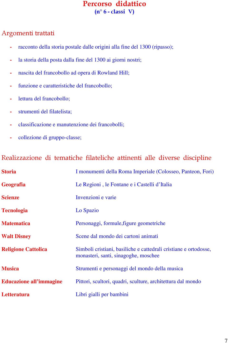 francobolli; - collezione di gruppo-classe; Realizzazione di tematiche filateliche attinenti alle diverse discipline Storia Geografia Scienze Tecnologia Matematica Walt Disney Religione Cattolica