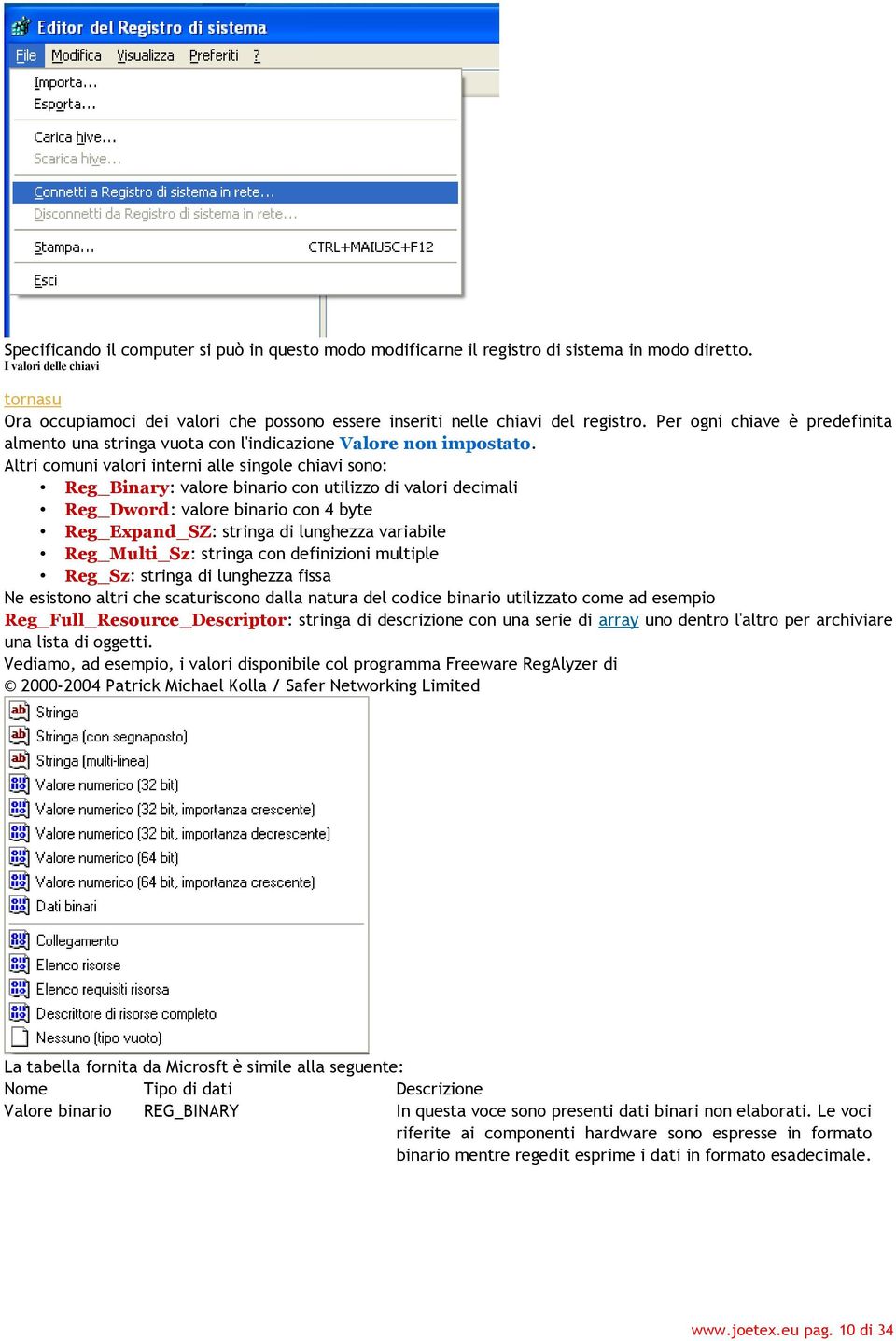 Altri comuni valori interni alle singole chiavi sono: Reg_Binary: valore binario con utilizzo di valori decimali Reg_Dword: valore binario con 4 byte Reg_Expand_SZ: stringa di lunghezza variabile