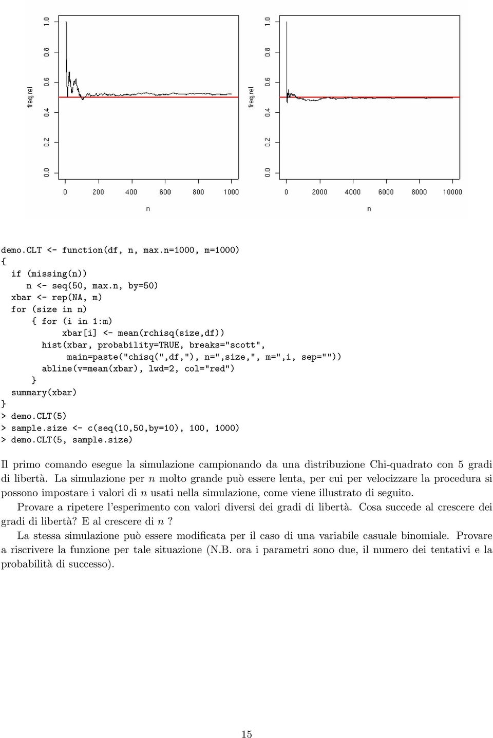 abline(v=mean(xbar), lwd=2, col="red") } summary(xbar) } > demo.clt(5) > sample.size <- c(seq(10,50,by=10), 100, 1000) > demo.clt(5, sample.