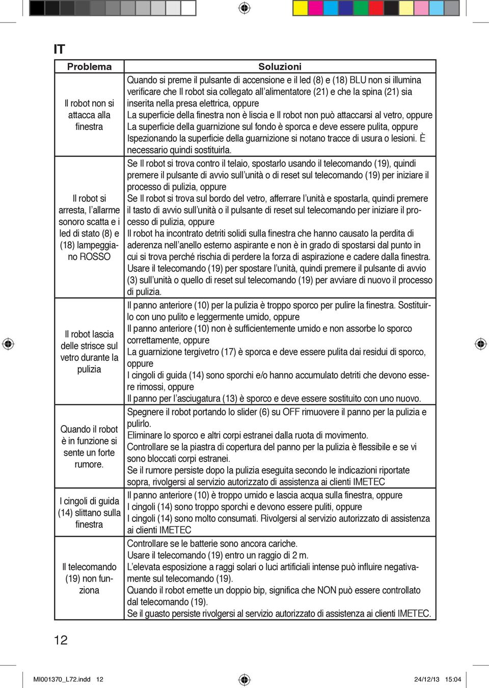 I cingoli di guida (14) slittano sulla finestra Il telecomando (19) non funziona Soluzioni Quando si preme il pulsante di accensione e il led (8) e (18) BLU non si illumina verificare che Il robot