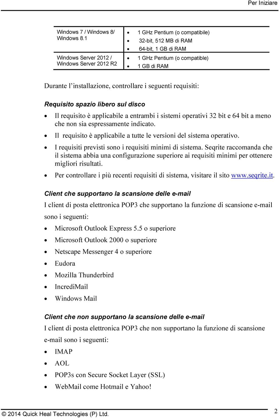 seguenti requisiti: Requisito spazio libero sul disco Il requisito è applicabile a entrambi i sistemi operativi 32 bit e 64 bit a meno che non sia espressamente indicato.