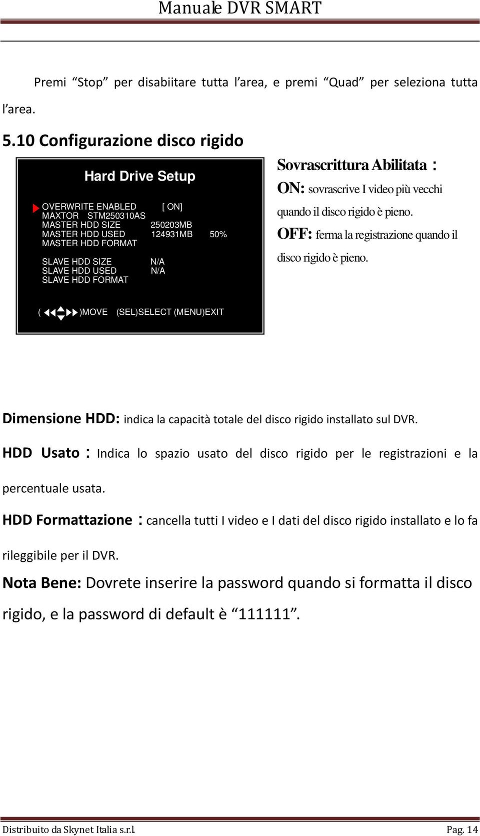 HDD FORMAT N/A N/A Sovrascrittura Abilitata: ON: sovrascrive I video più vecchi quando il disco rigido è pieno. OFF: ferma la registrazione quando il disco rigido è pieno.