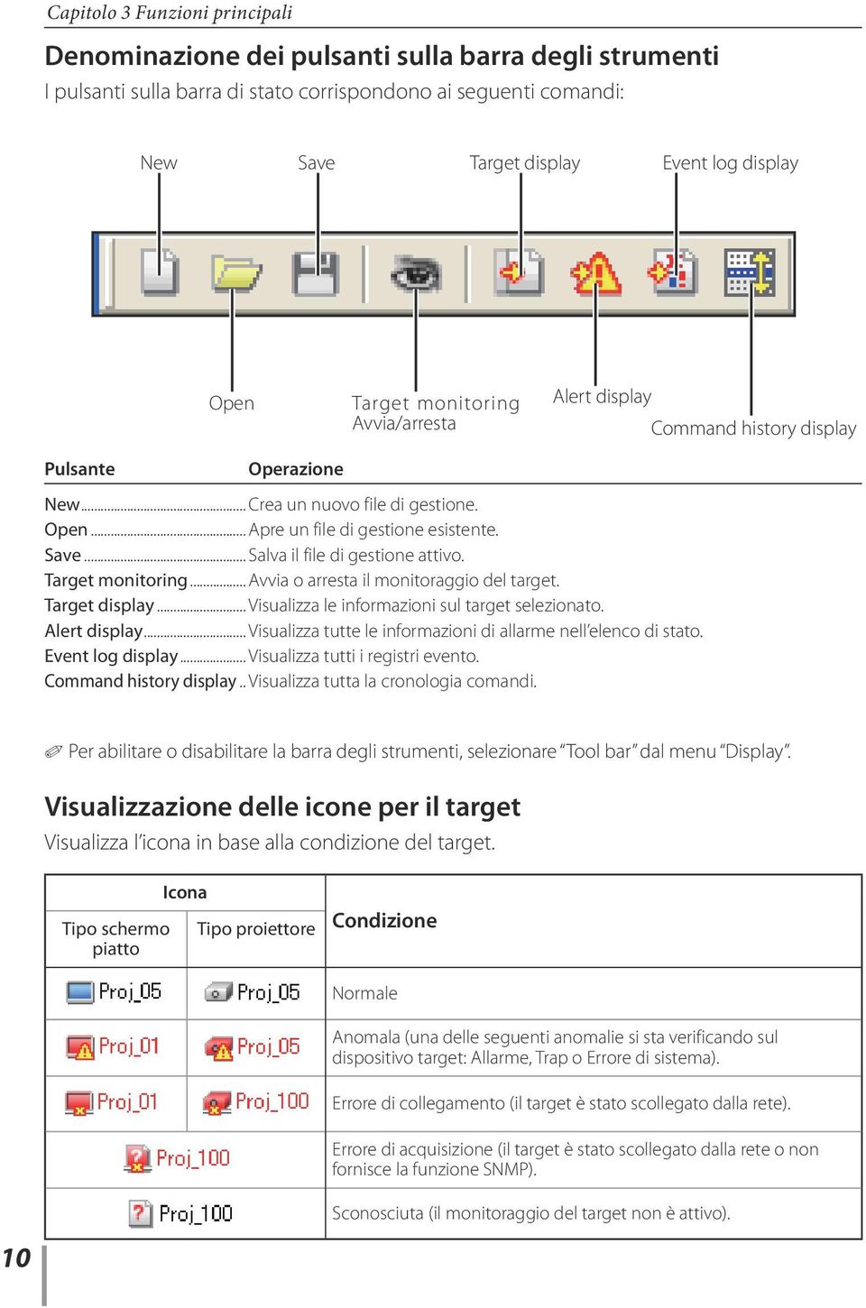 .. Salva il file di gestione attivo. Target monitoring... Avvia o arresta il monitoraggio del target. Target display... Visualizza le informazioni sul target selezionato. Alert display.