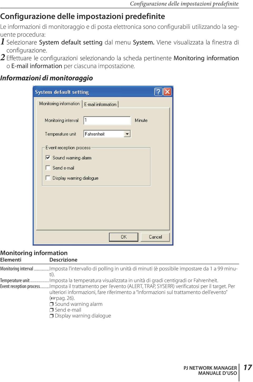 Informazioni di monitoraggio Configurazione delle impostazioni predefinite Monitoring information Elementi Descrizione Monitoring interval.